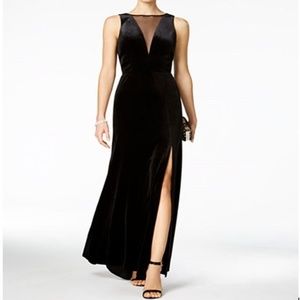 Nightway Plunging Illusion Velvet Gown